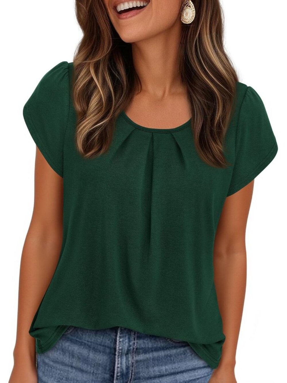 Women's Dark Green Short Sleeve Pull On Crew Neck Casual Tops Imported T Shirts